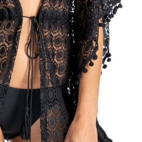 Kimono Boho Short Pom pom Tassel Tie-front Black Free Earrings! - Picture 2 of 3